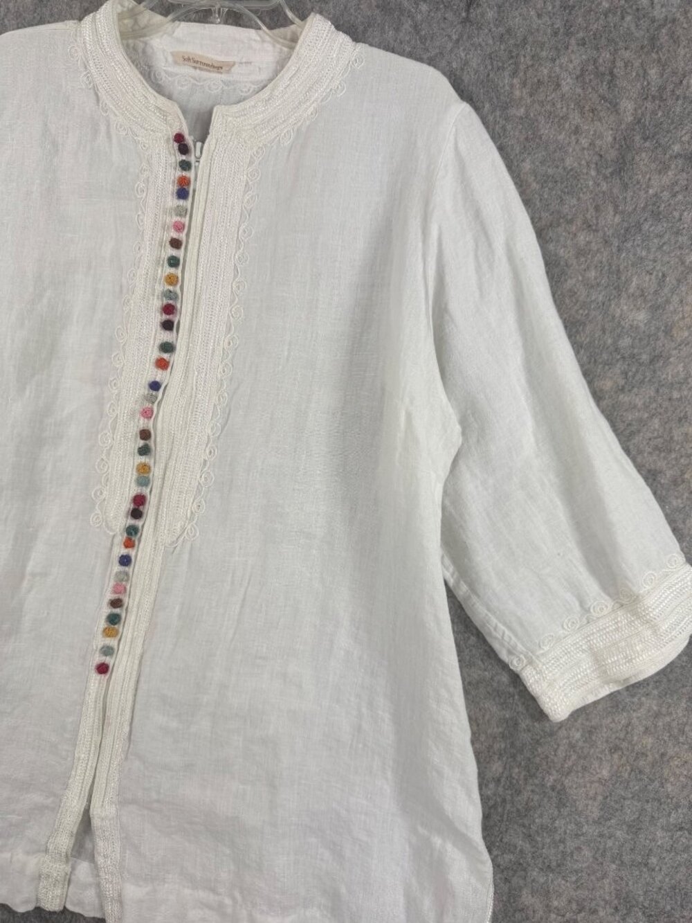 Soft Surroundings White Linen Zip Up Top Embroidered Knots 2X? - Picture 2 of 16